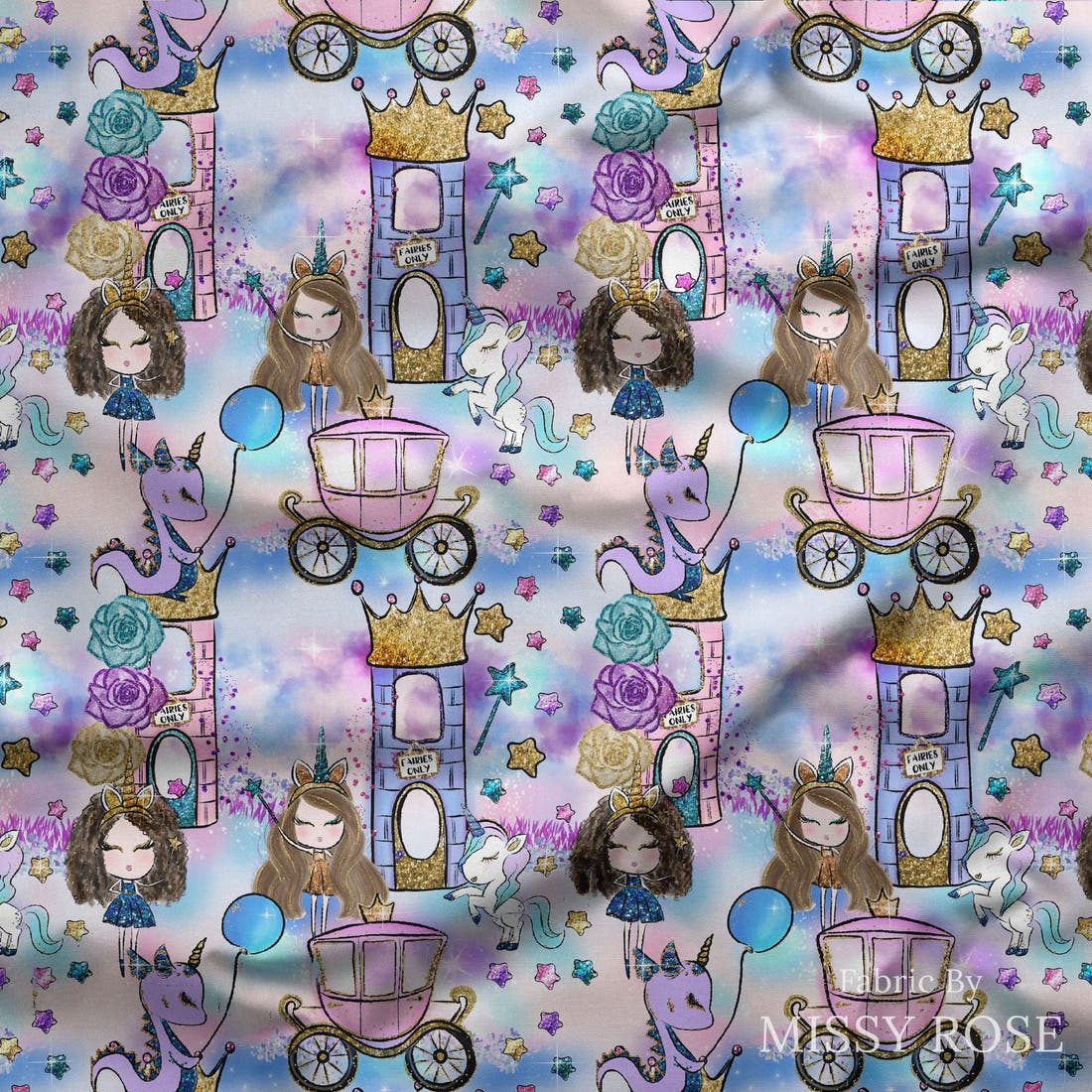 Design 1071 Unicorn Party Fabric draped fabric mockup – custom printed fabric by the metre | Fabric by Missy Rose
