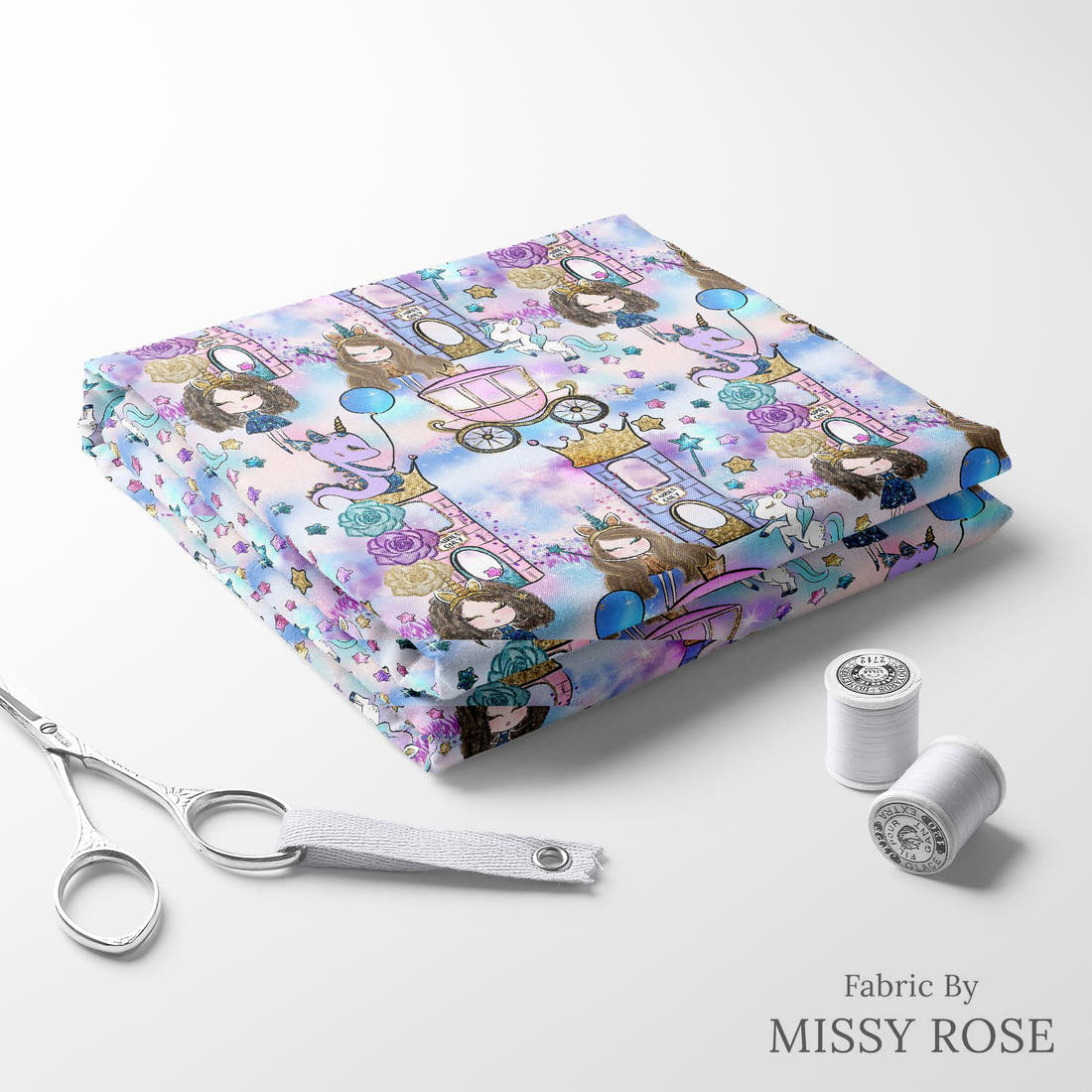 Design 1071 Unicorn Party Fabric folded fabric stack with matching thread – pre-order fabric Australia | Fabric by Missy Rose