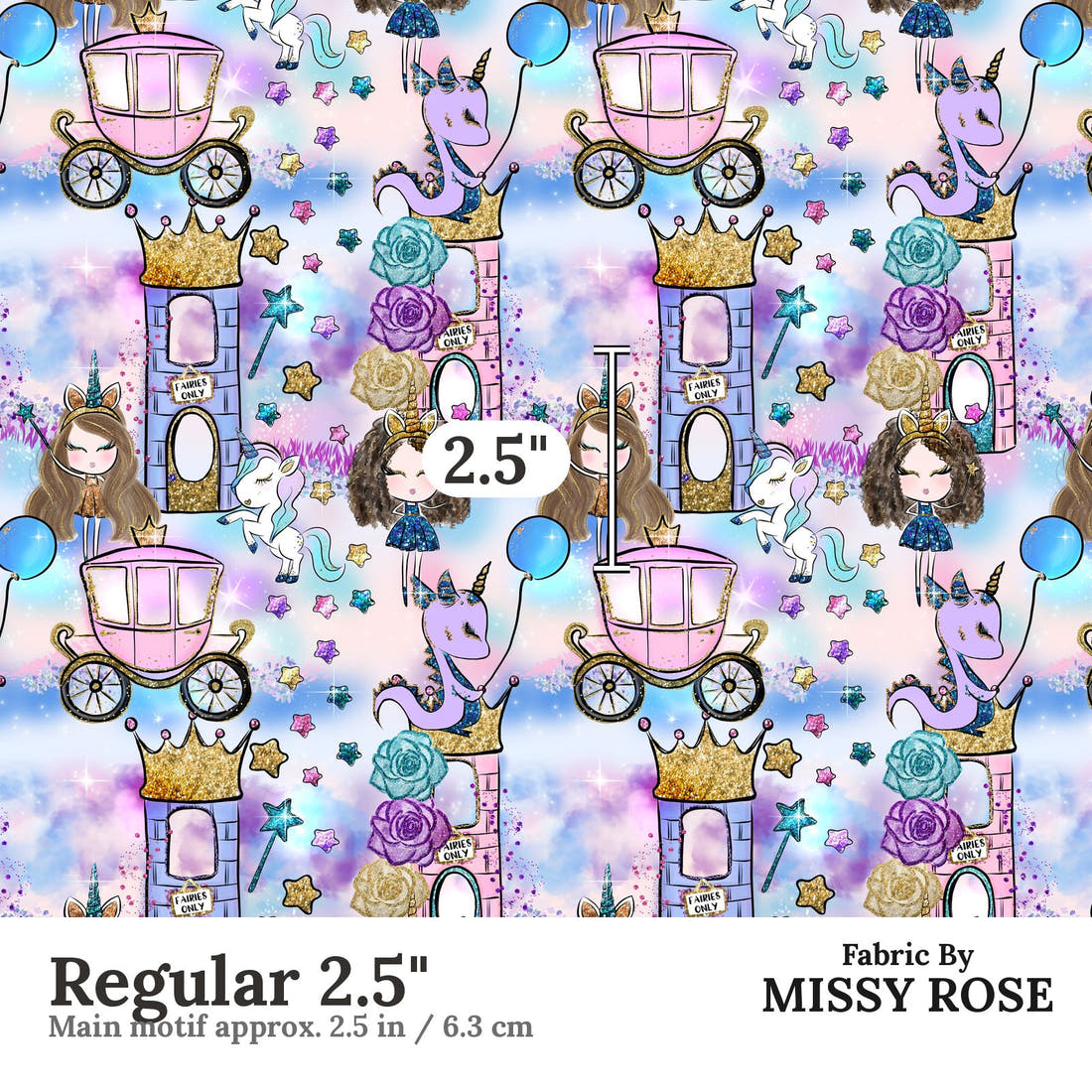 Design 1071 Unicorn Party Fabric Regular 2.5 inch print scale guide | Fabric by Missy Rose