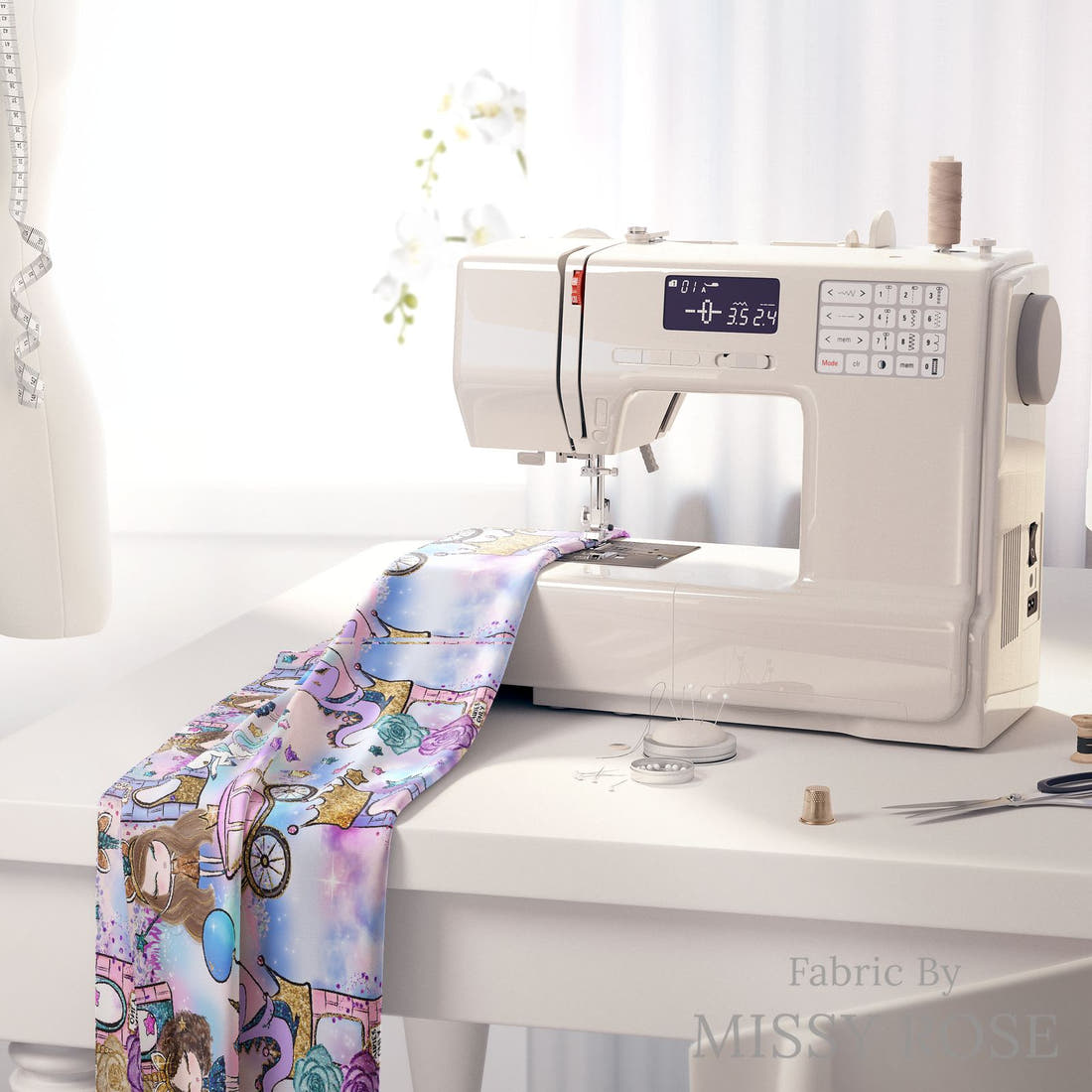 Design 1071 Unicorn Party Fabric on a sewing machine – premium fabric for sewing projects | Fabric by Missy Rose