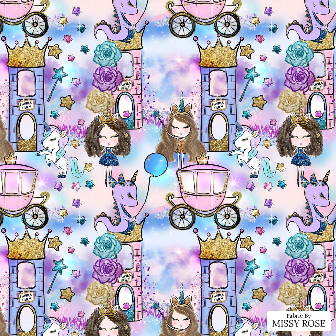 Design 1071 Unicorn Party Fabric – flat view of the print, zoom in for detail | Fabric by Missy Rose