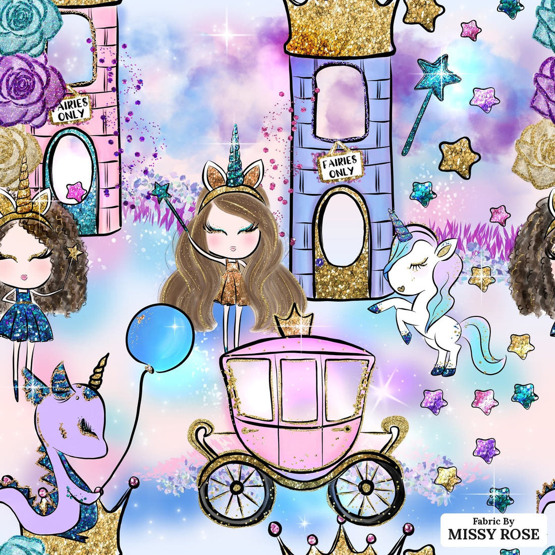 Design 1071 Unicorn Party Fabric – flat view of the print, zoom in for detail | Fabric by Missy Rose