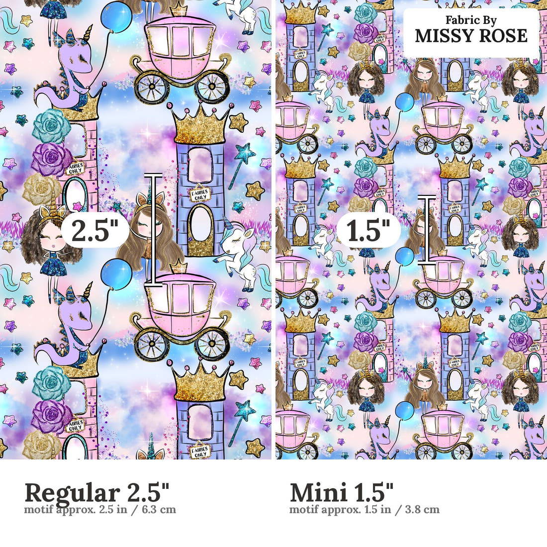 Design 1071 Unicorn Party Fabric Regular 2.5 inch vs Mini 1.5 inch print scale side by side | Fabric by Missy Rose