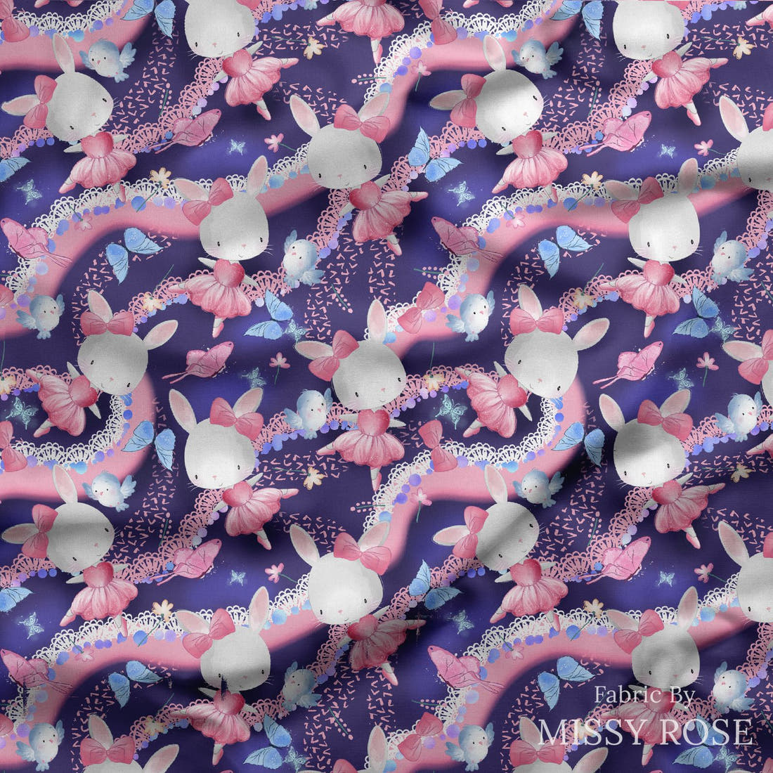 Design 1072 Navy Bunny Fabric draped fabric mockup – custom printed fabric by the metre | Fabric by Missy Rose