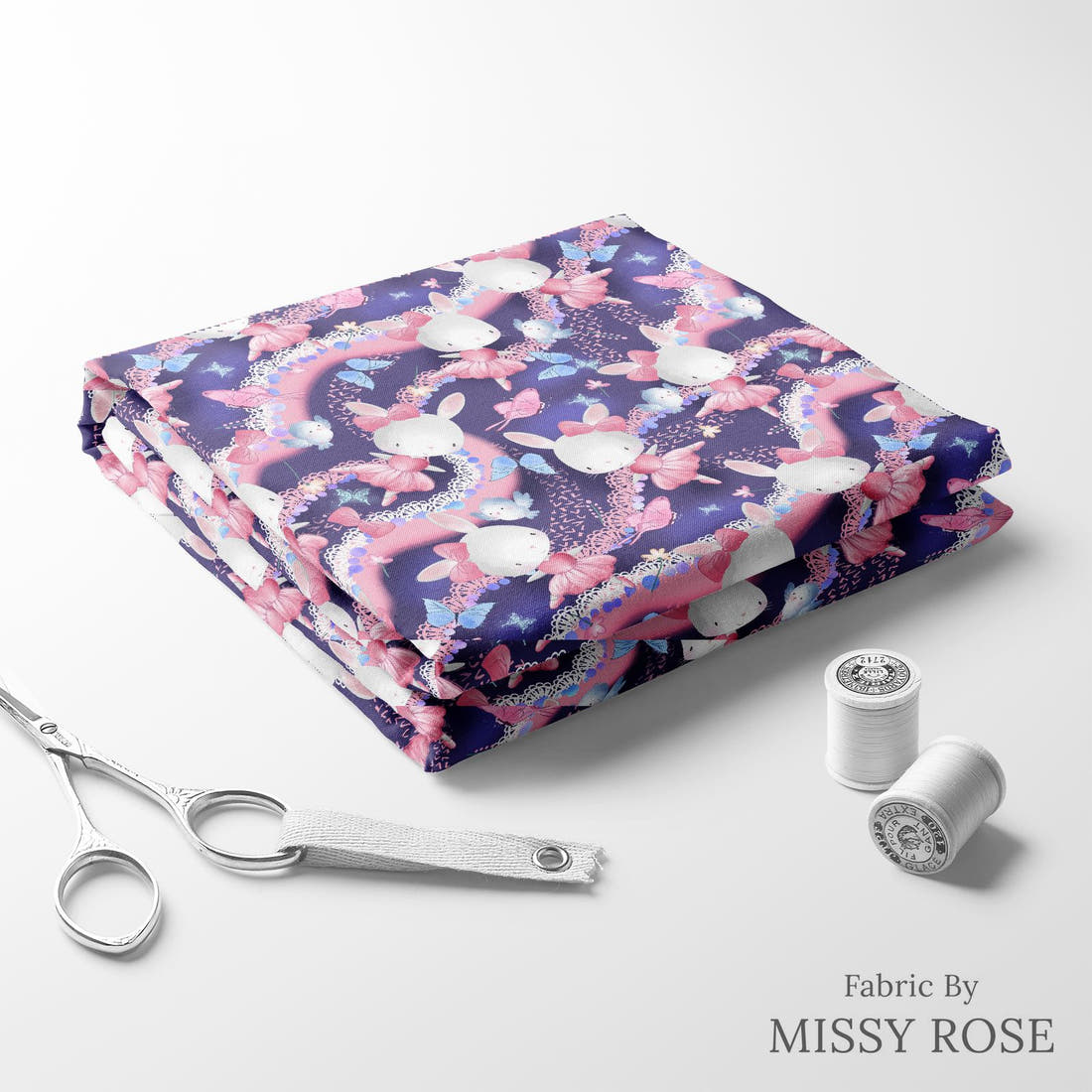 Design 1072 Navy Bunny Fabric folded fabric stack with matching thread – pre-order fabric Australia | Fabric by Missy Rose