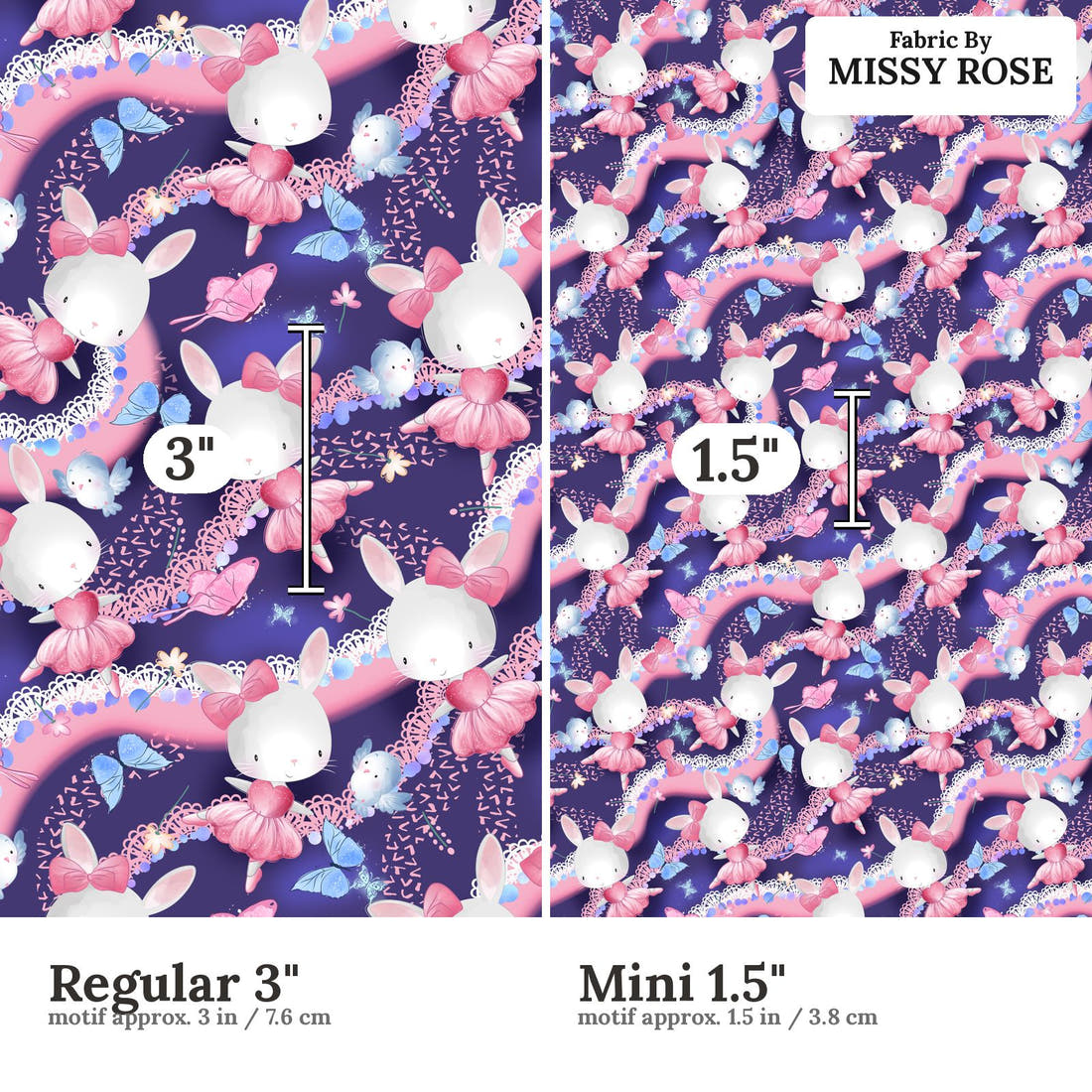 Design 1072 Navy Bunny Fabric Regular 3 inch vs Mini 1.5 inch print scale side by side | Fabric by Missy Rose