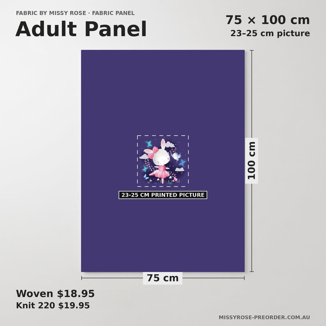 Design 1072 Navy Bunny Panel adult panel sizing – 23–25 cm printed picture on 75 × 100 cm fabric | Fabric by Missy Rose