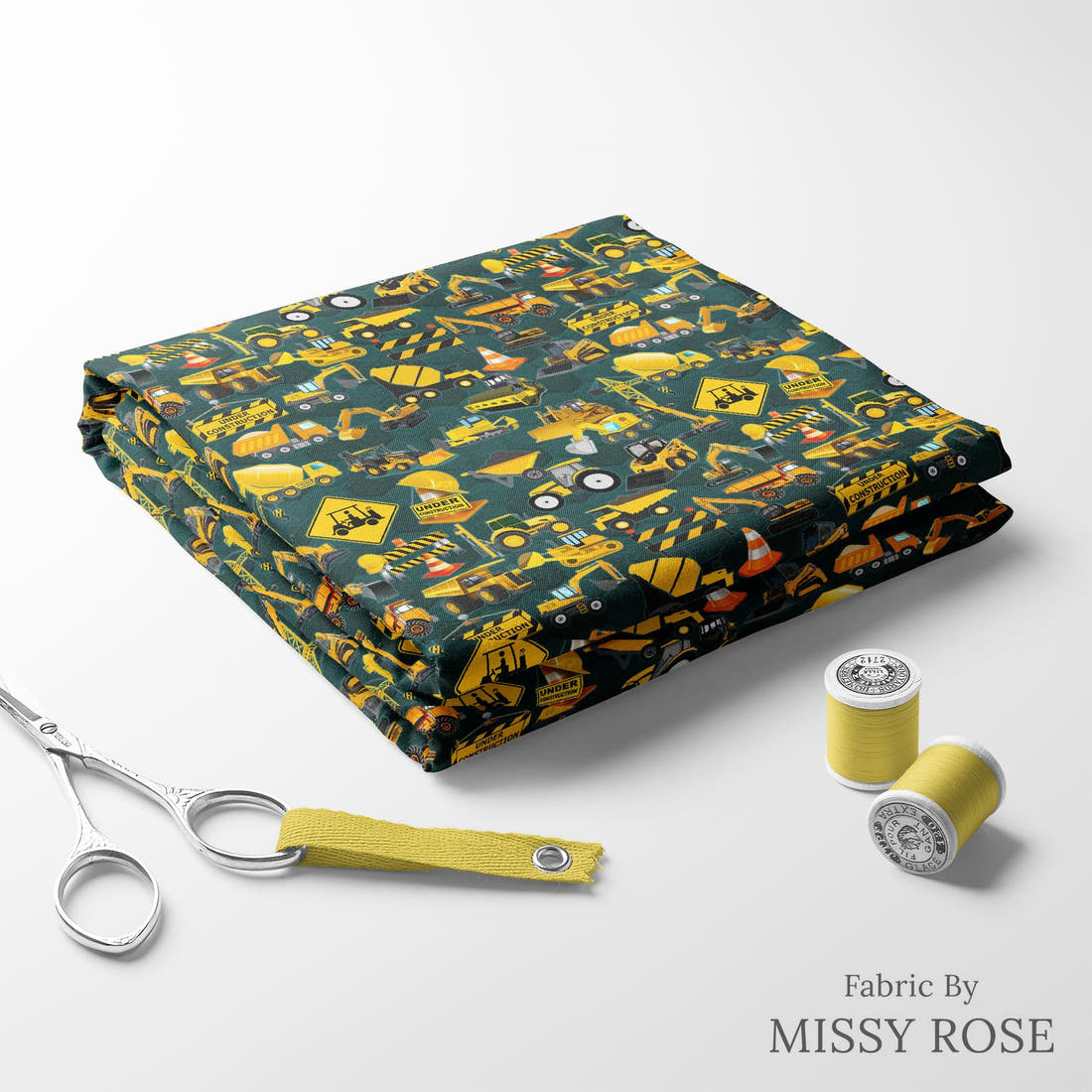 Design 1073 Construction Fabric folded fabric stack with matching thread – pre-order fabric Australia | Fabric by Missy Rose