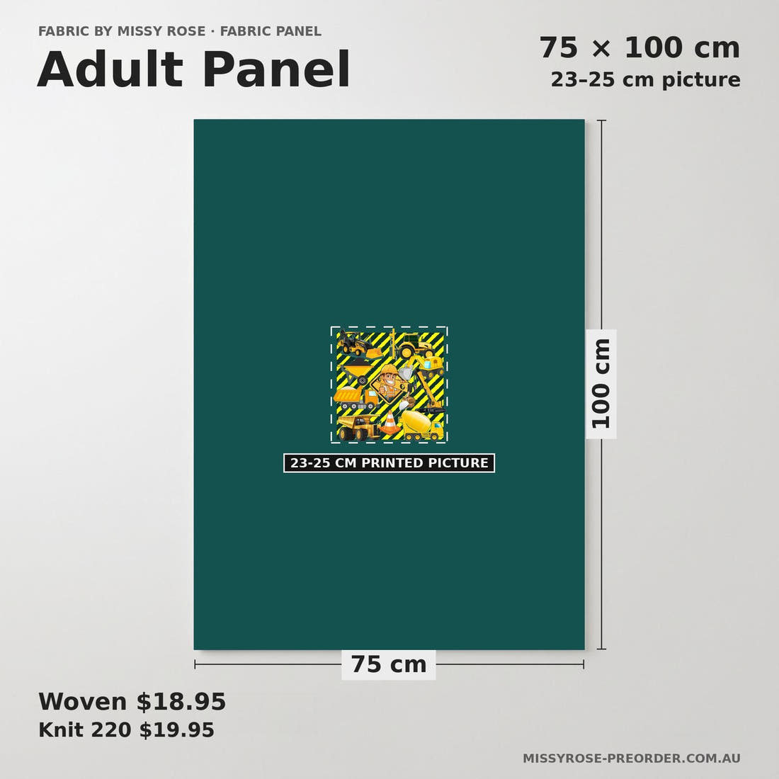 Design 1073 Construction Panel adult panel sizing – 23–25 cm printed picture on 75 × 100 cm fabric | Fabric by Missy Rose