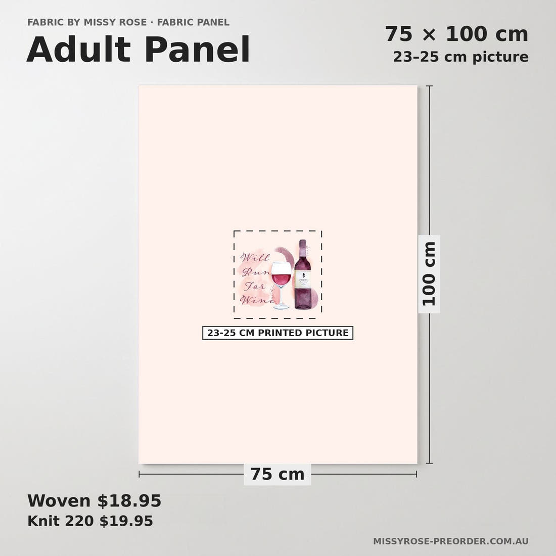 Design 1074 Wine Panel adult panel sizing – 23–25 cm printed picture on 75 × 100 cm fabric | Fabric by Missy Rose