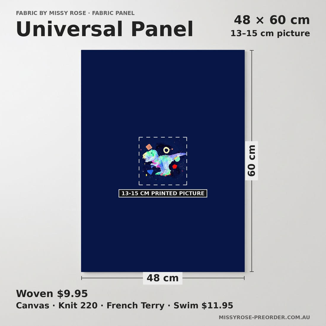 Design 1075 Watercolour Dino Panel universal panel sizing – 13–15 cm printed picture on 48 × 60 cm fabric | Fabric by Missy Rose