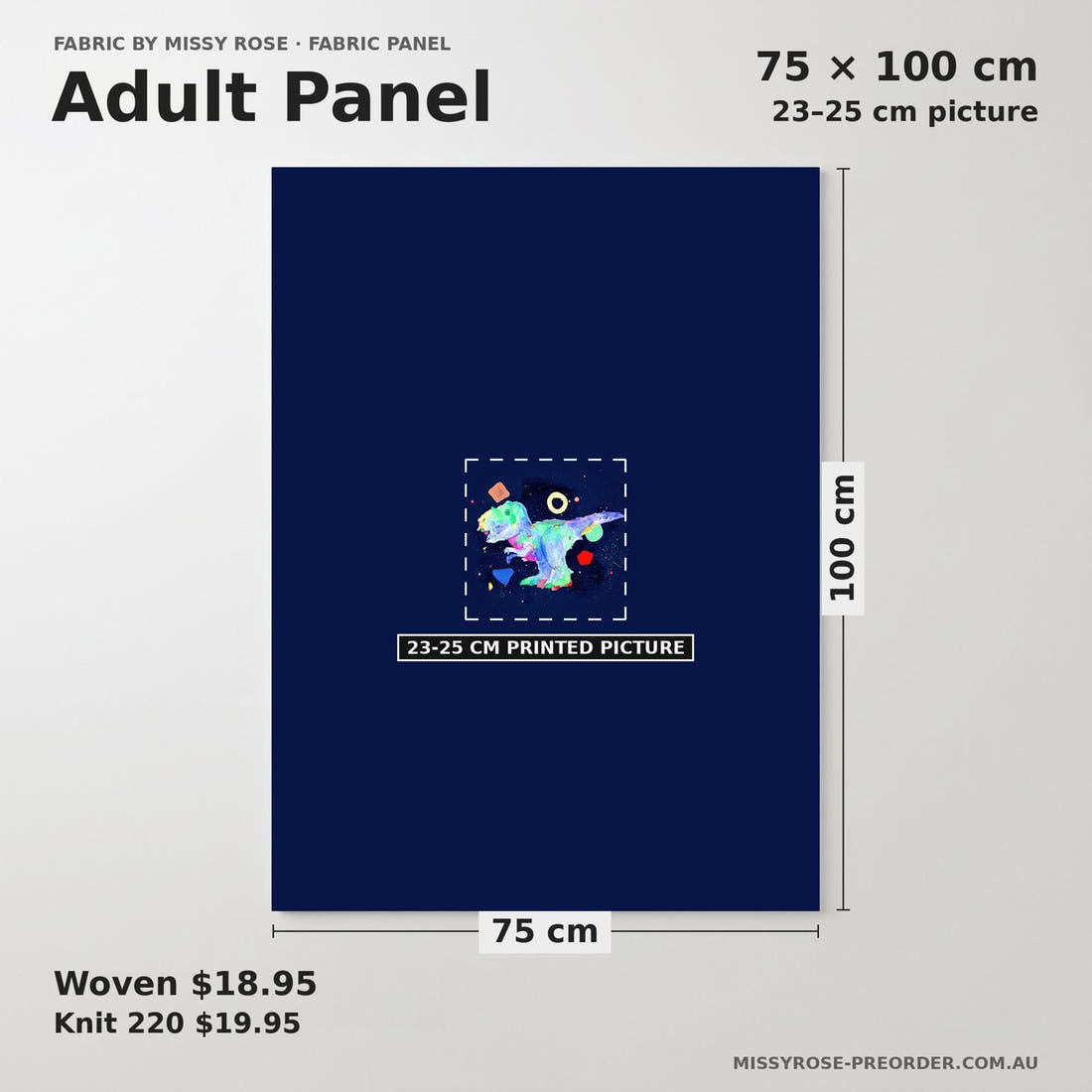 Design 1075 Watercolour Dino Panel adult panel sizing – 23–25 cm printed picture on 75 × 100 cm fabric | Fabric by Missy Rose
