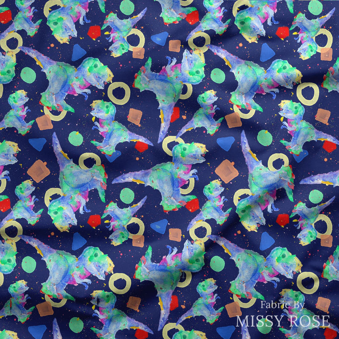 Design 1075 Watercolour Dino Fabric draped fabric mockup – custom printed fabric by the metre | Fabric by Missy Rose