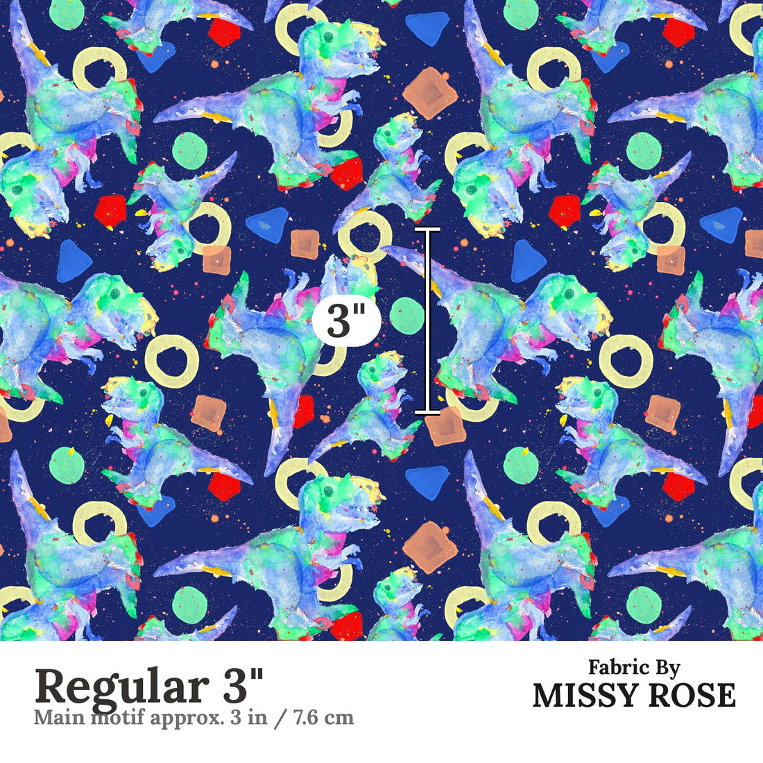 Design 1075 Watercolour Dino Fabric Regular 3 inch print scale guide | Fabric by Missy Rose