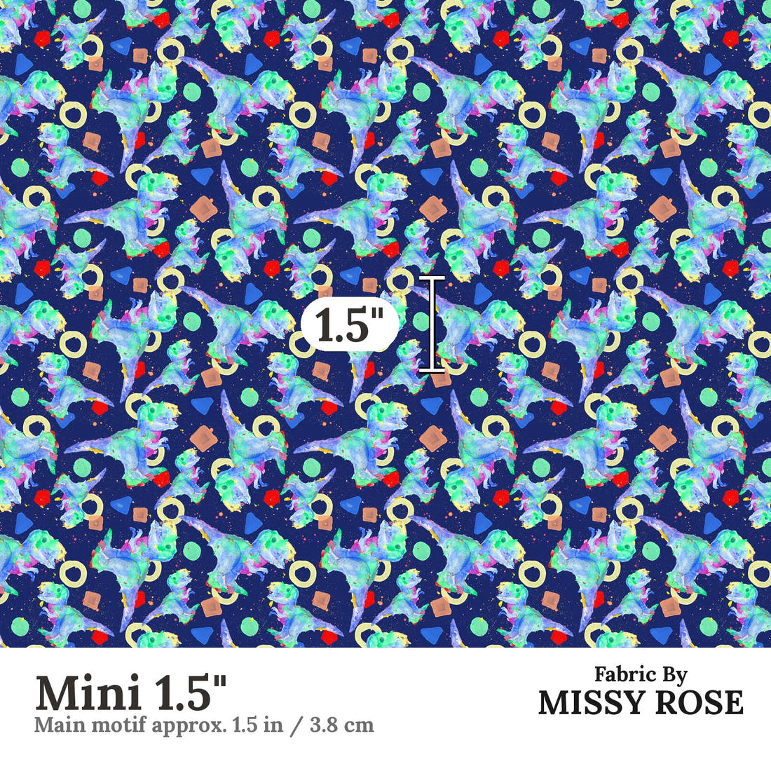 Design 1075 Watercolour Dino Fabric Mini 1.5 inch print scale guide | Fabric by Missy Rose