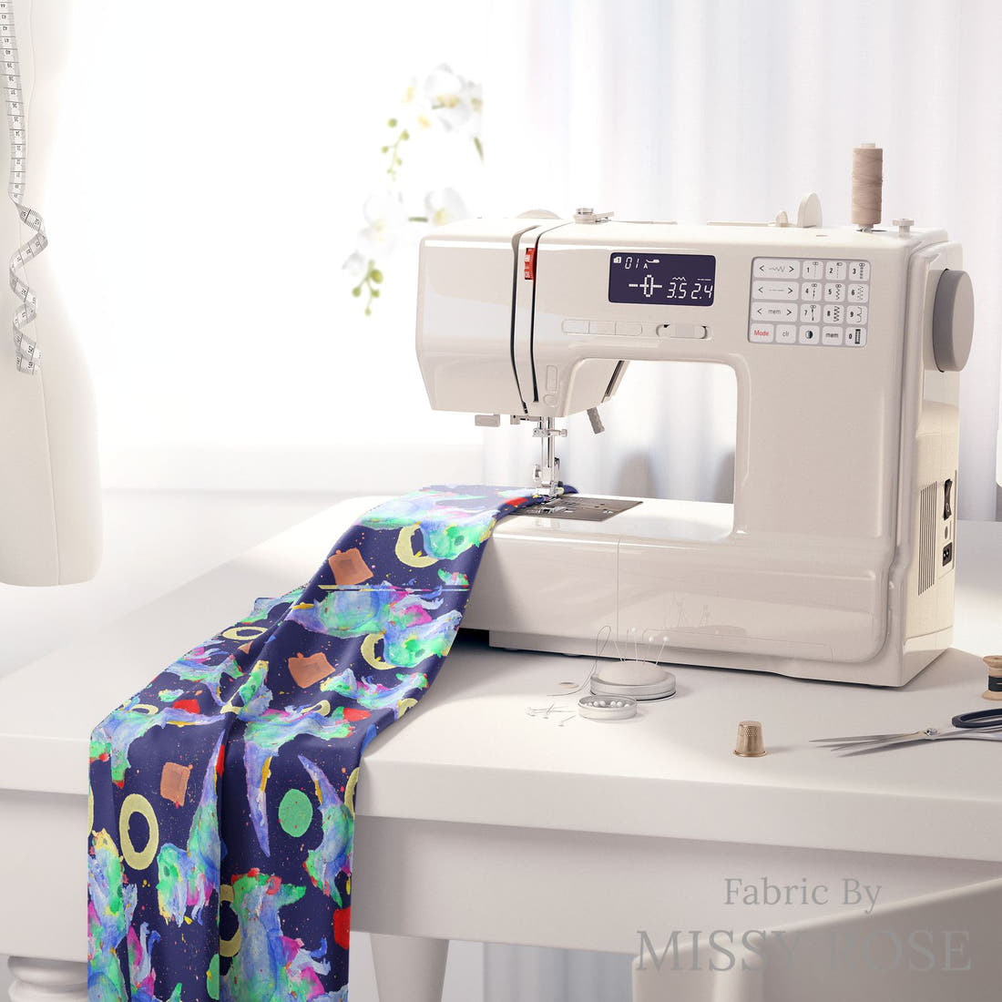 Design 1075 Watercolour Dino Fabric on a sewing machine – premium fabric for sewing projects | Fabric by Missy Rose