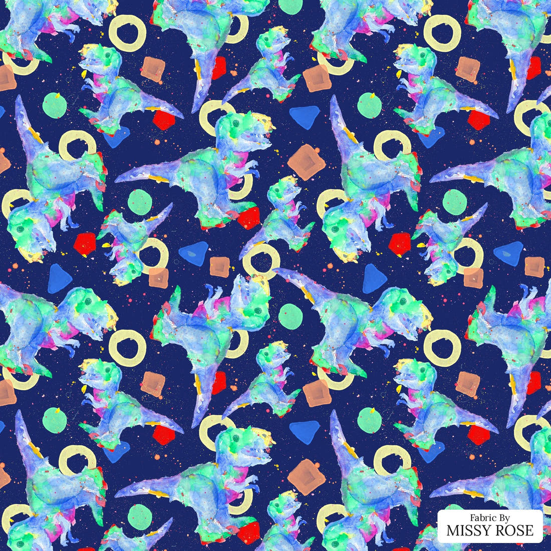 Design 1075 Watercolour Dino Fabric – flat view of the print, zoom in for detail | Fabric by Missy Rose