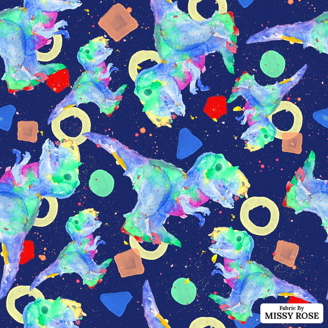 Design 1075 Watercolour Dino Fabric – flat view of the print, zoom in for detail | Fabric by Missy Rose
