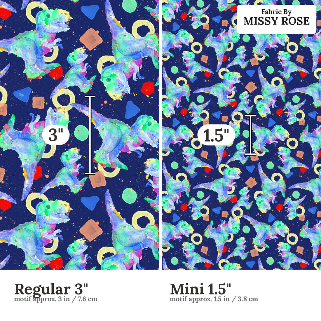 Design 1075 Watercolour Dino Fabric Regular 3 inch vs Mini 1.5 inch print scale side by side | Fabric by Missy Rose