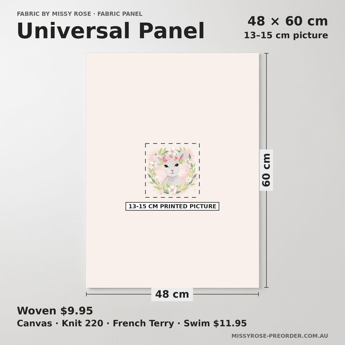 Design 1076 Pink Lamb Panel universal panel sizing – 13–15 cm printed picture on 48 × 60 cm fabric | Fabric by Missy Rose