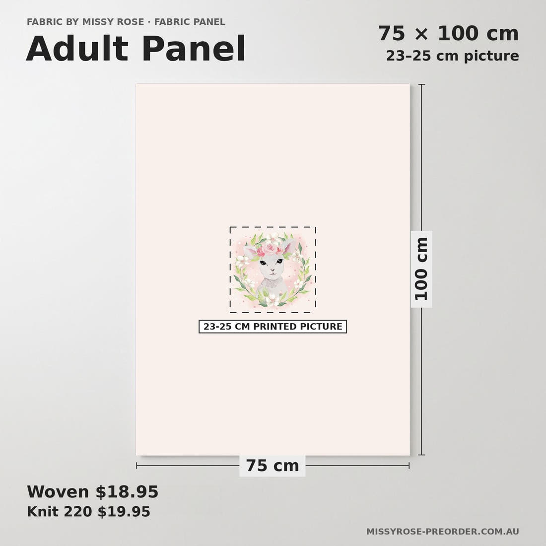 Design 1076 Pink Lamb Panel adult panel sizing – 23–25 cm printed picture on 75 × 100 cm fabric | Fabric by Missy Rose