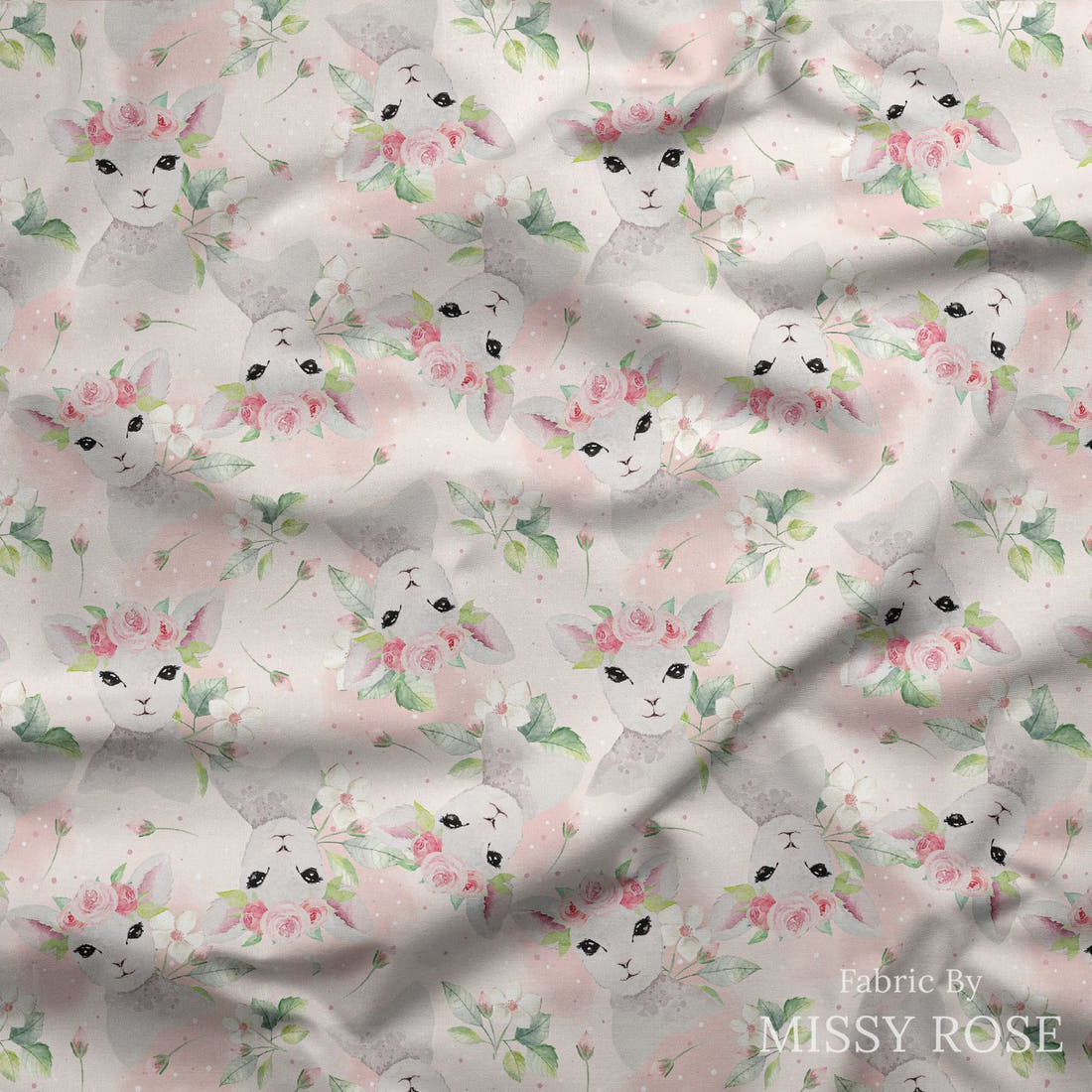 Design 1076 Pink Lamb Fabric draped fabric mockup – custom printed fabric by the metre | Fabric by Missy Rose