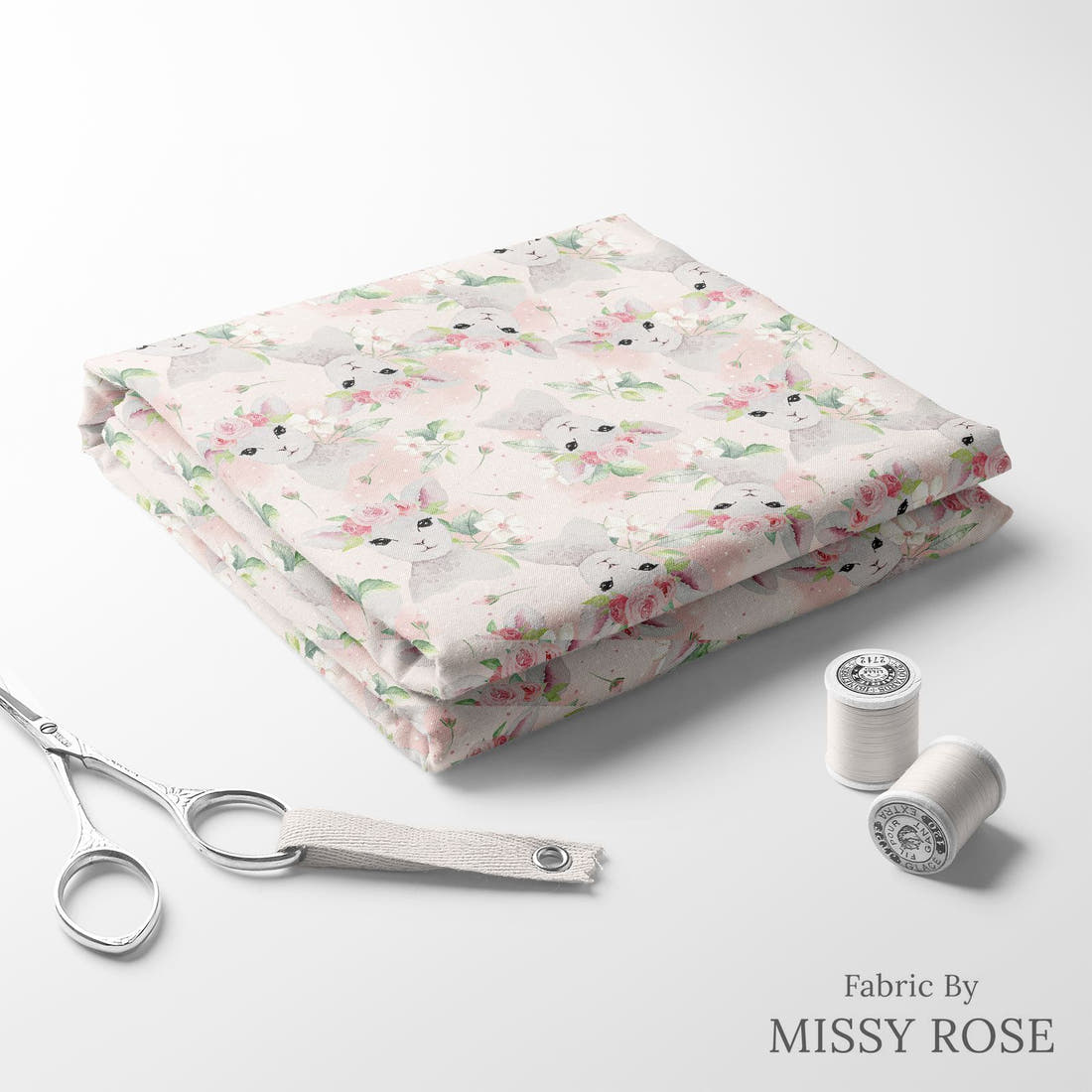 Design 1076 Pink Lamb Fabric folded fabric stack with matching thread – pre-order fabric Australia | Fabric by Missy Rose