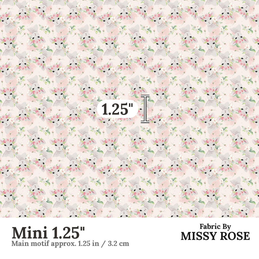 Design 1076 Pink Lamb Fabric Mini 1.25 inch print scale guide | Fabric by Missy Rose