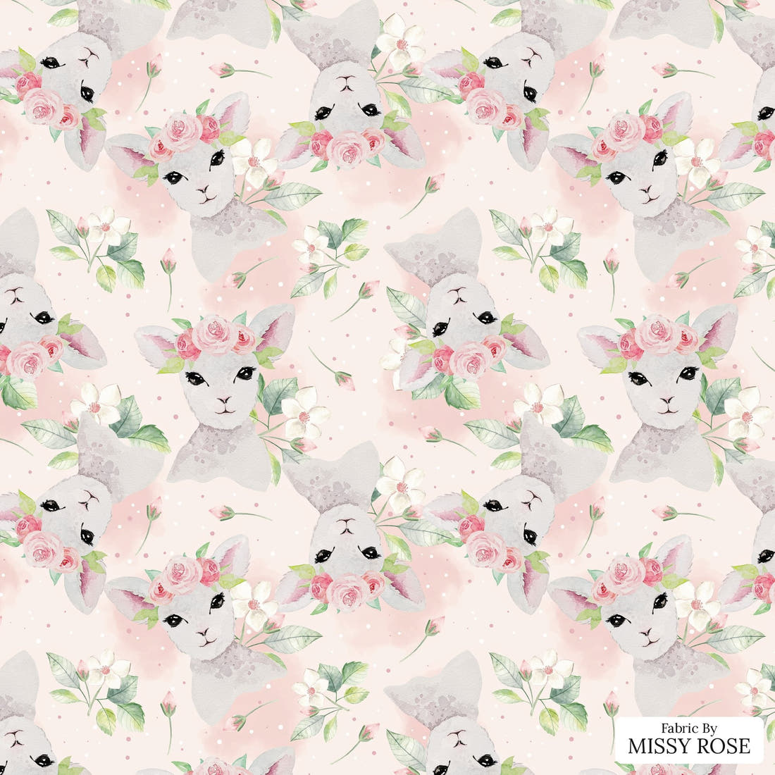 Design 1076 Pink Lamb Fabric – flat view of the print, zoom in for detail | Fabric by Missy Rose