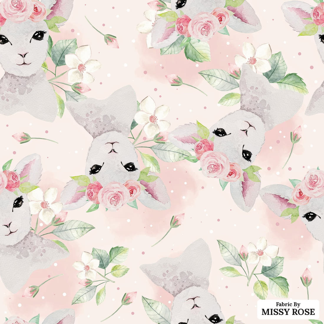 Design 1076 Pink Lamb Fabric – flat view of the print, zoom in for detail | Fabric by Missy Rose