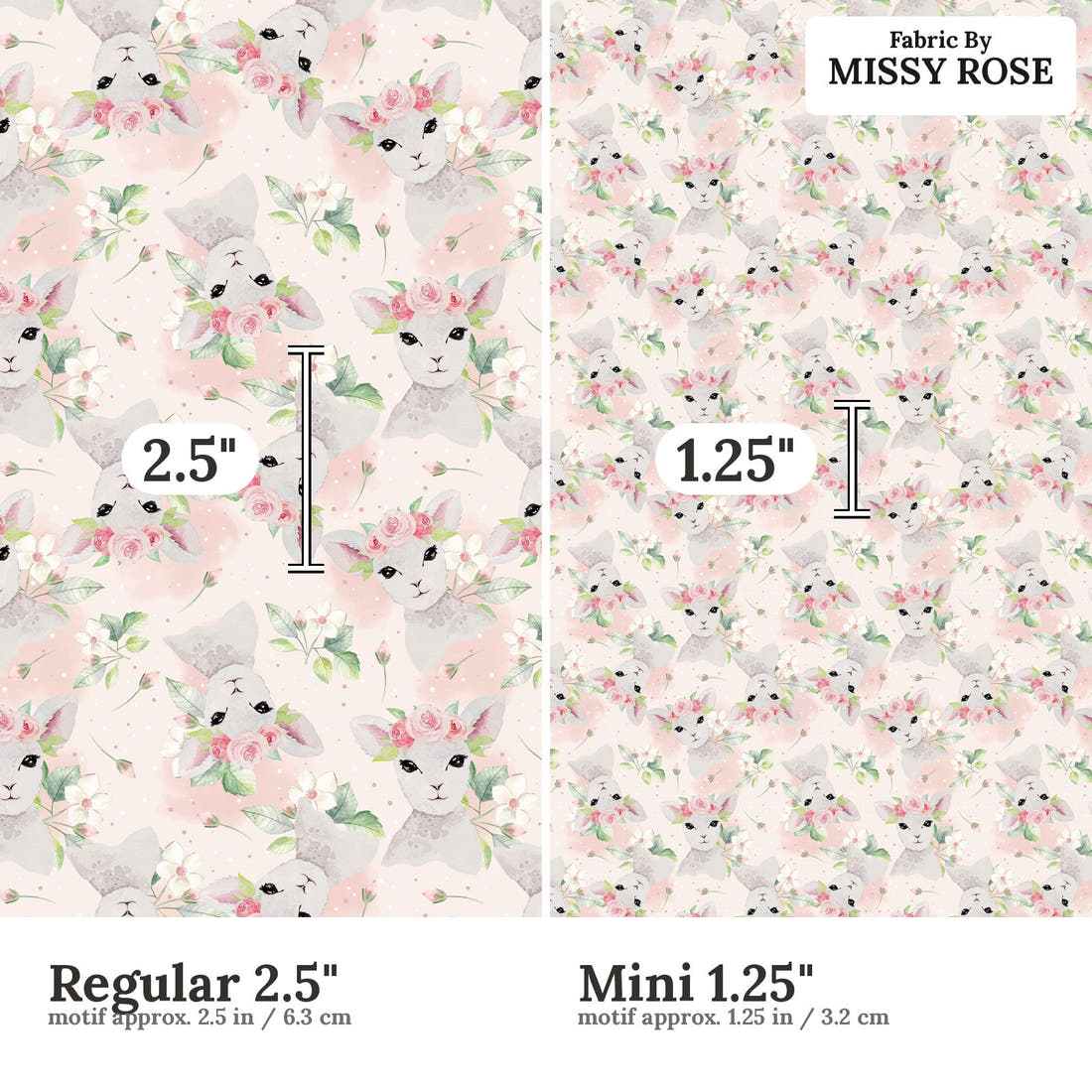 Design 1076 Pink Lamb Fabric Regular 2.5 inch vs Mini 1.25 inch print scale side by side | Fabric by Missy Rose