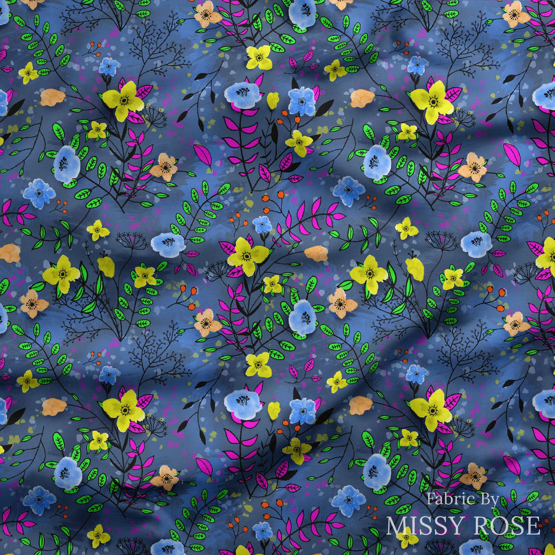 Design 1077 Blue Floral Fabric draped fabric mockup – custom printed fabric by the metre | Fabric by Missy Rose