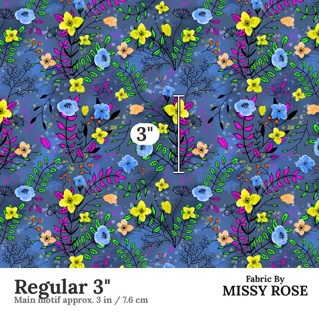 Design 1077 Blue Floral Fabric Regular 3 inch print scale guide | Fabric by Missy Rose