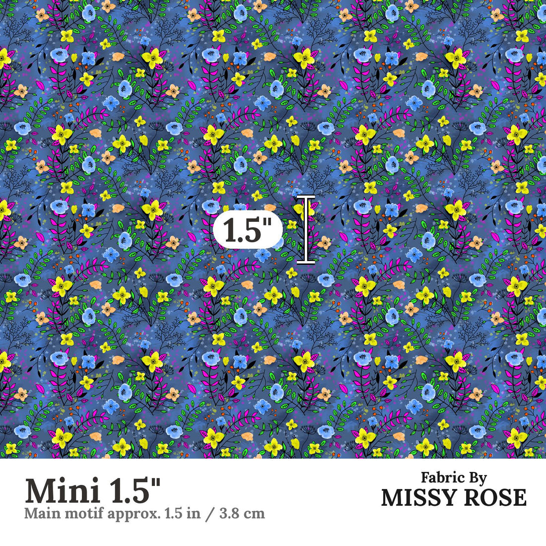 Design 1077 Blue Floral Fabric Mini 1.5 inch print scale guide | Fabric by Missy Rose