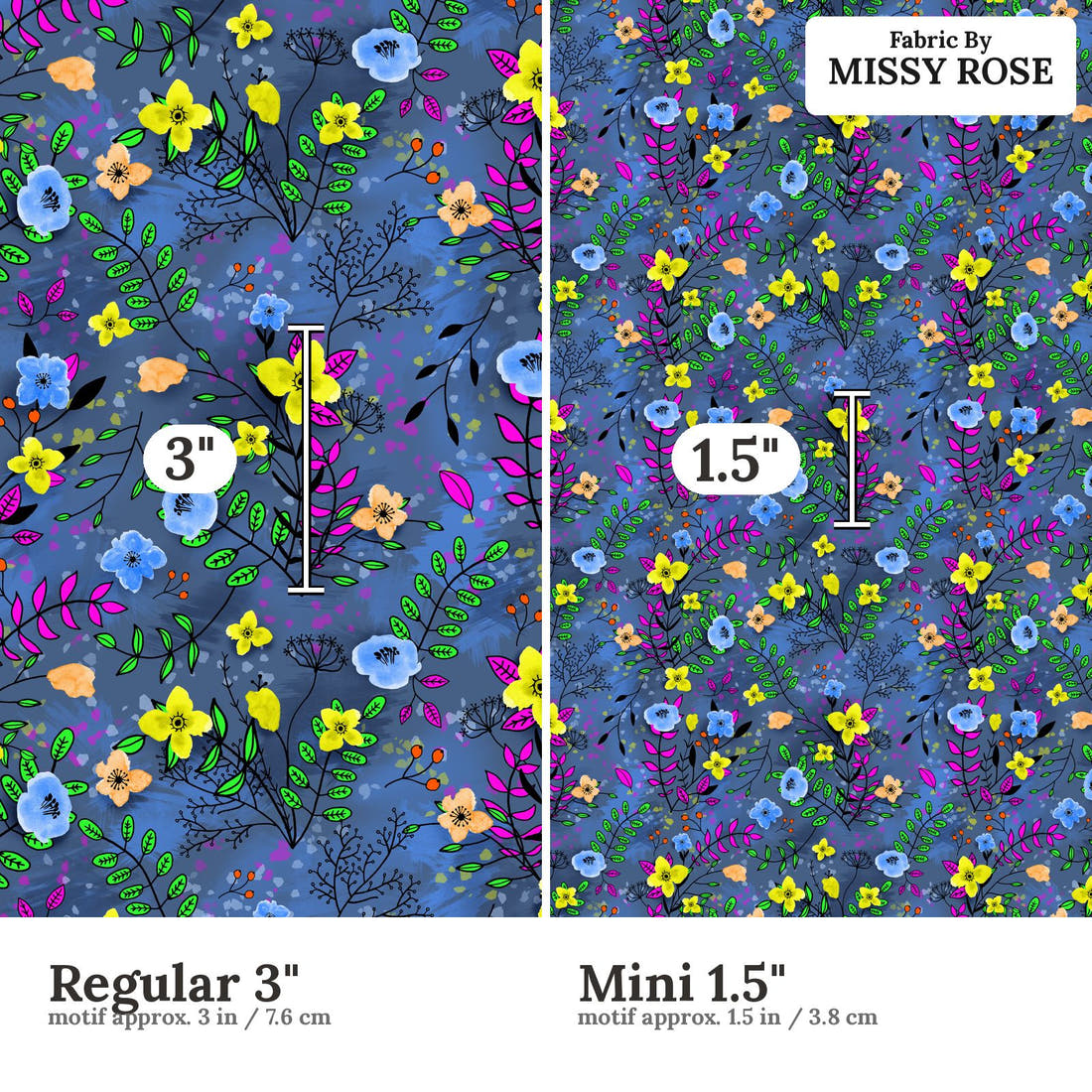 Design 1077 Blue Floral Fabric Regular 3 inch vs Mini 1.5 inch print scale side by side | Fabric by Missy Rose