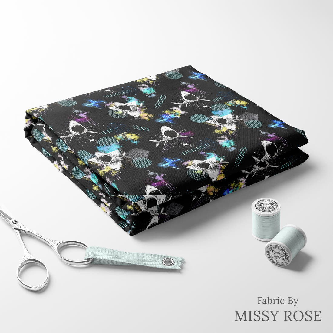 Design 1079 Geo Shark Fabric folded fabric stack with matching thread – pre-order fabric Australia | Fabric by Missy Rose
