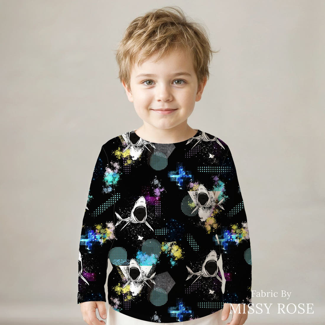Design 1079 Geo Shark Fabric sewn into a kids' long sleeve top – see how the print looks made up | Fabric by Missy Rose