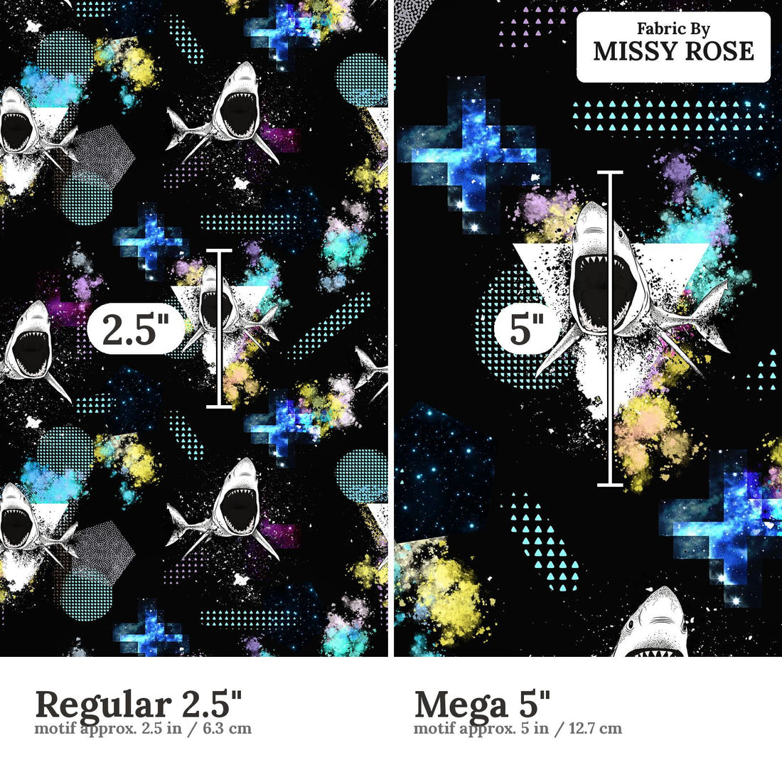 Design 1079 Geo Shark Fabric Regular 2.5 inch vs Mega 5 inch print scale side by side | Fabric by Missy Rose