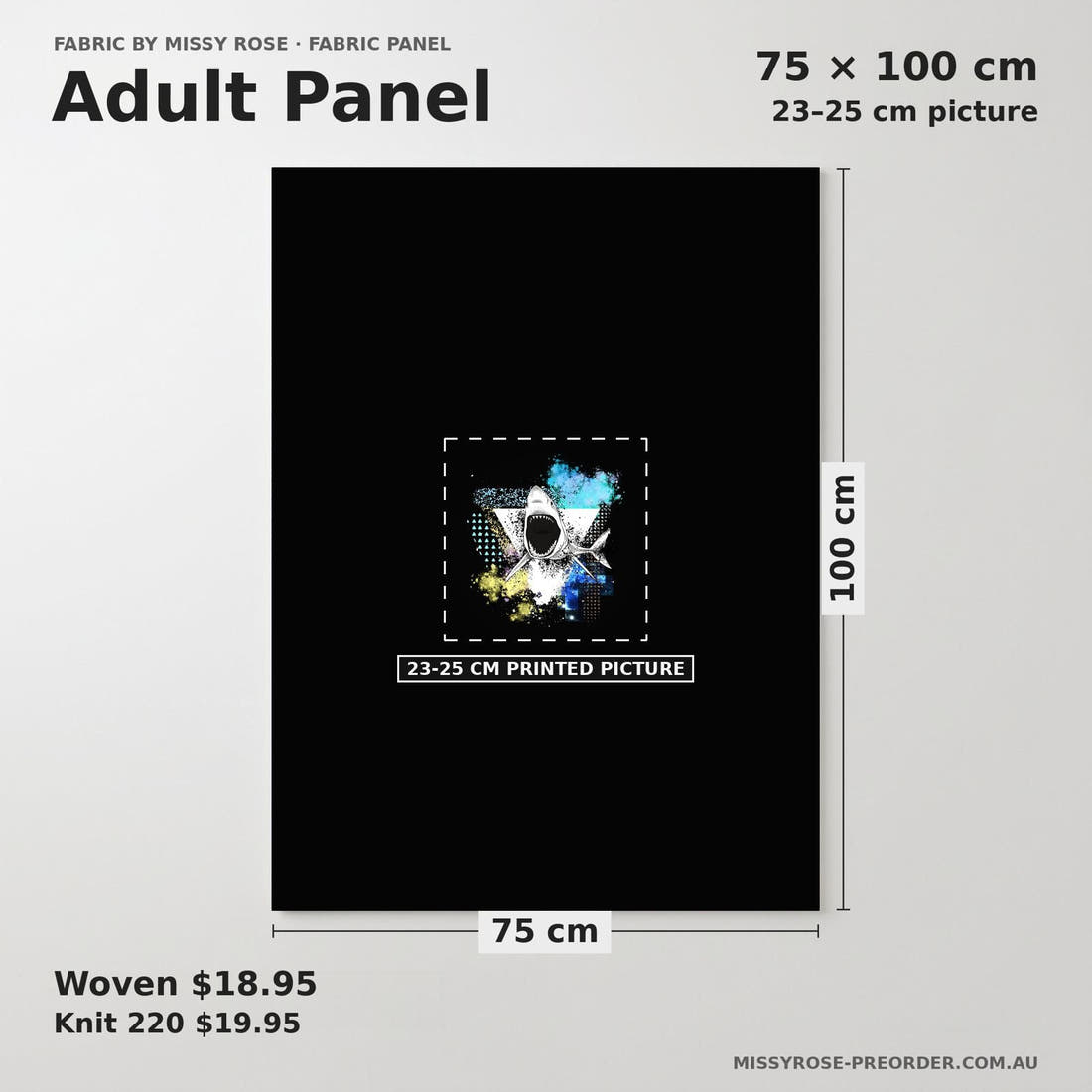Design 1079 Geo Shark Panel adult panel sizing – 23–25 cm printed picture on 75 × 100 cm fabric | Fabric by Missy Rose