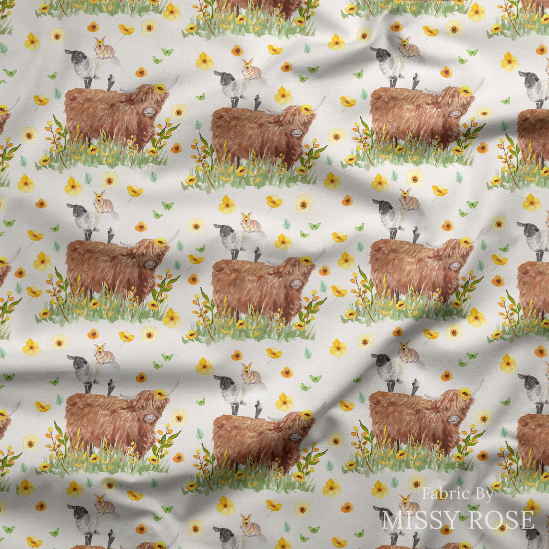 Design 108 Highland Sunflower Fabric draped fabric mockup – custom printed fabric by the metre | Fabric by Missy Rose