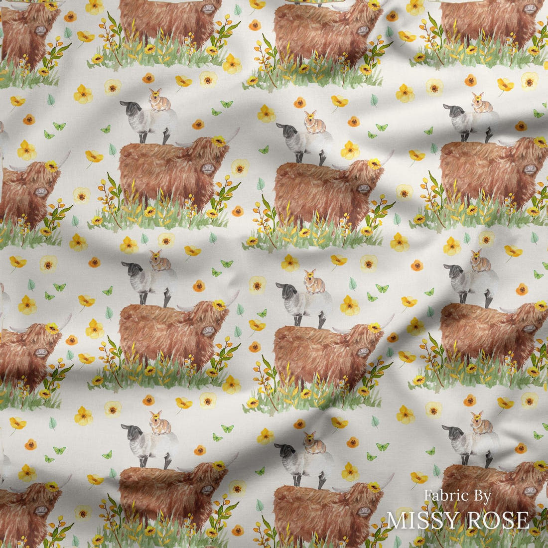 Design 108 Highalnd Sunflower Fabric draped fabric mockup – custom printed fabric by the metre | Fabric by Missy Rose