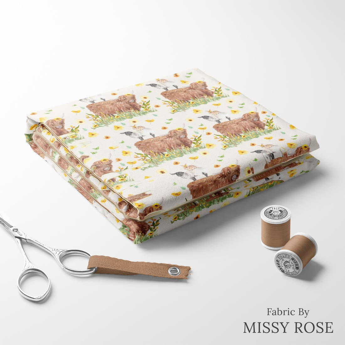 Design 108 Highland Sunflower Fabric folded fabric stack with matching thread – pre-order fabric Australia | Fabric by Missy Rose