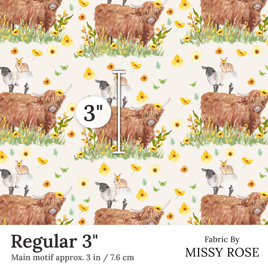 Design 108 Highland Sunflower Fabric Regular 3 inch print scale guide | Fabric by Missy Rose