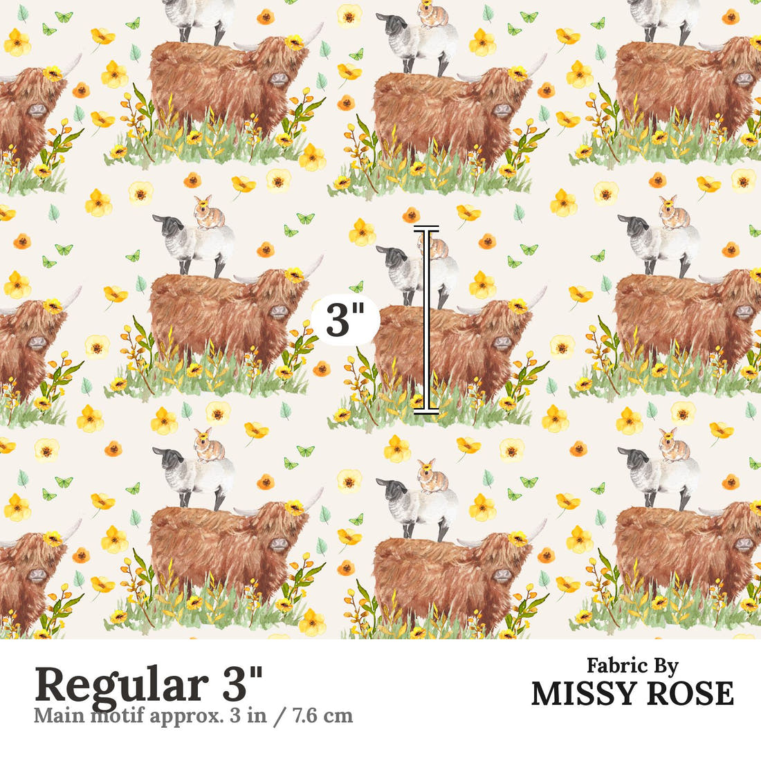 Design 108 Highland Sunflower Fabric Regular 3" - print scale | Fabric by Missy Rose