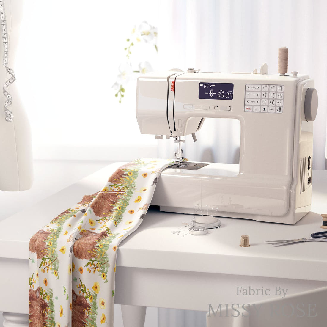 Design 108 Highland Sunflower Fabric on a sewing machine – premium fabric for sewing projects | Fabric by Missy Rose