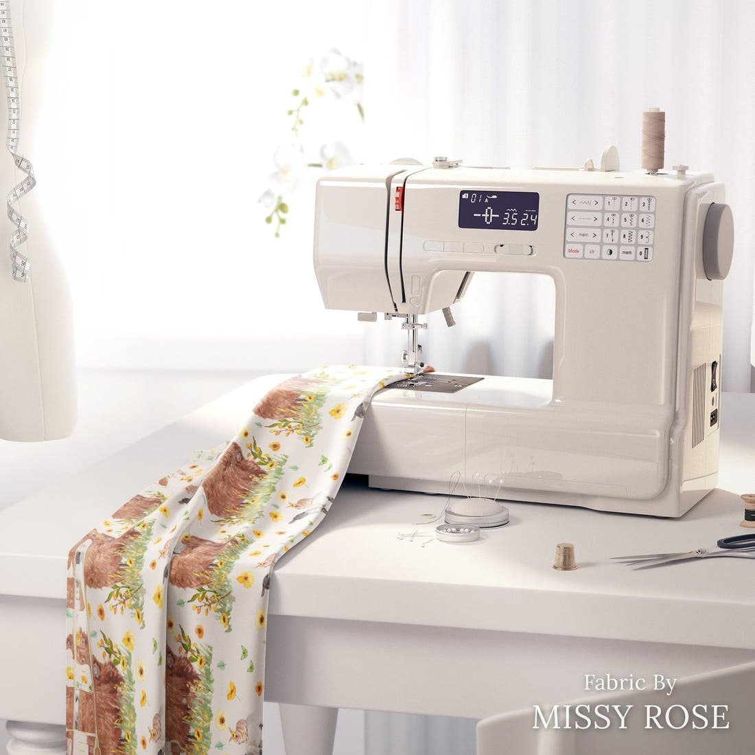 Design 108 Highland Sunflower Fabric on a sewing machine – premium fabric for sewing projects | Fabric by Missy Rose