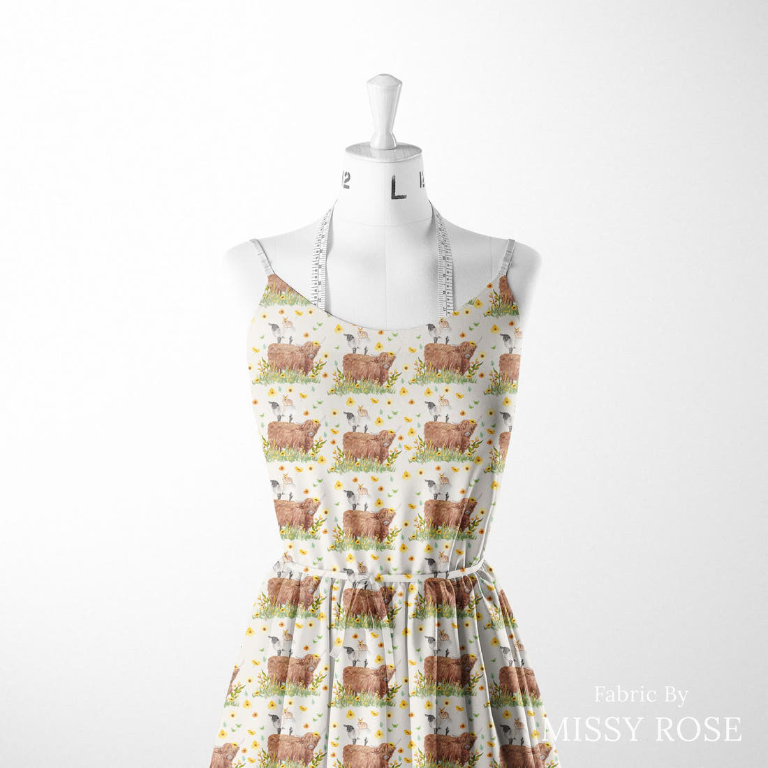 Design 108 Highalnd Sunflower Fabric sewn into a women's dress - see how the print looks made up | Fabric by Missy Rose