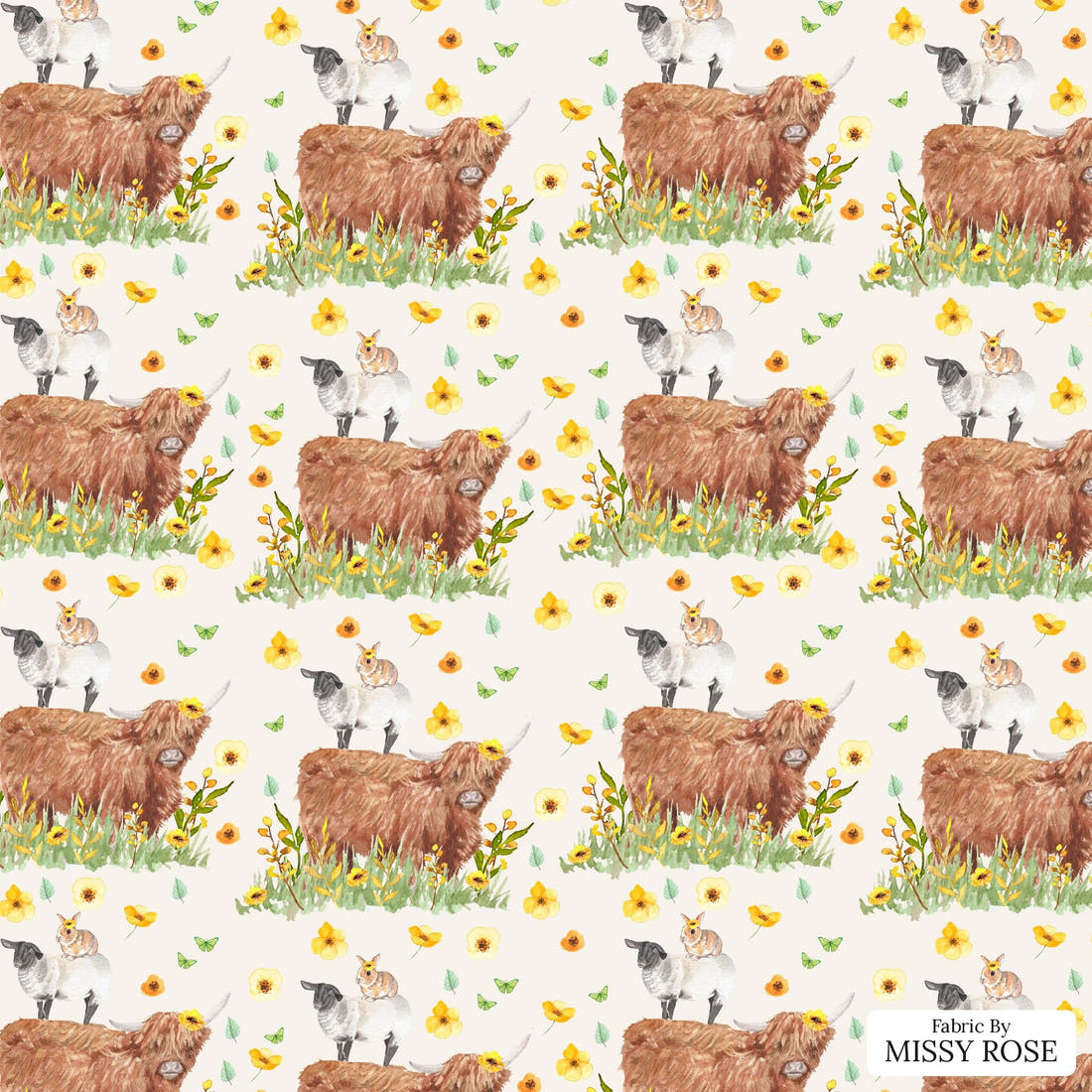 Design 108 Highland Sunflower Fabric - flat view of the print, zoom in for detail | Fabric by Missy Rose