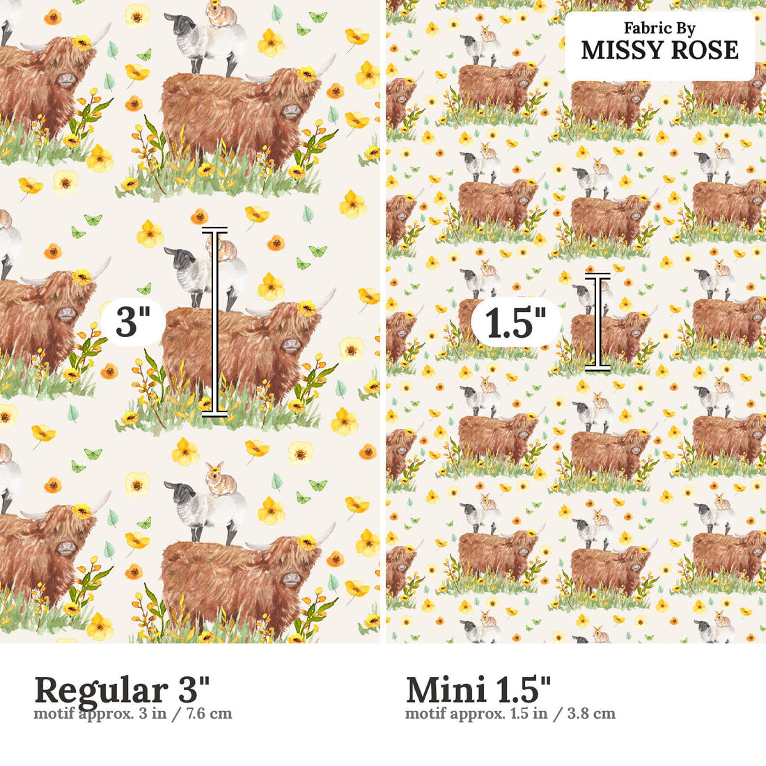 Design 108 Highland Sunflower Fabric size comparison - print scale | Fabric by Missy Rose