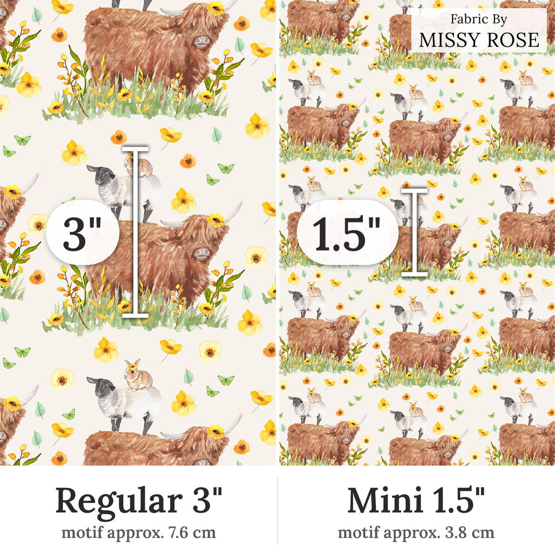 Design 108 Highland Sunflower Fabric Regular 3 inch vs Mini 1.5 inch print scale side by side | Fabric by Missy Rose
